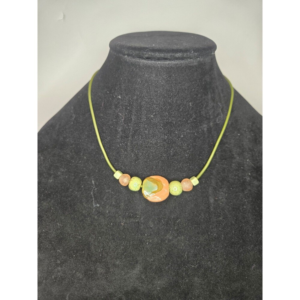 Ceramic Beaded Necklace on Green Cord
